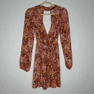 Max + Ash Long Sleeve Floral Mini Dress Deep V Open Back Size Medium Spring